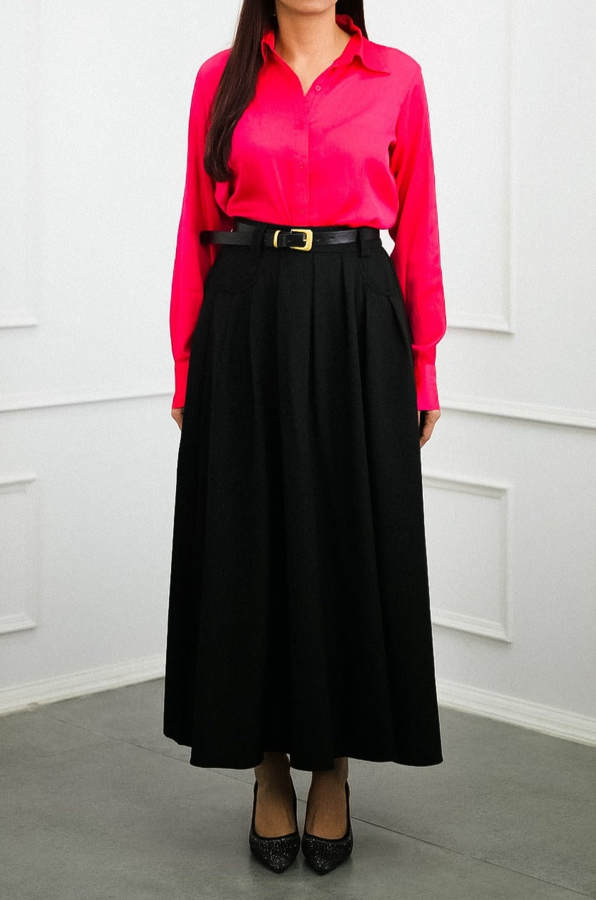 Versatile Long Pleated Skirt in Infinite Black with Matching Belt
