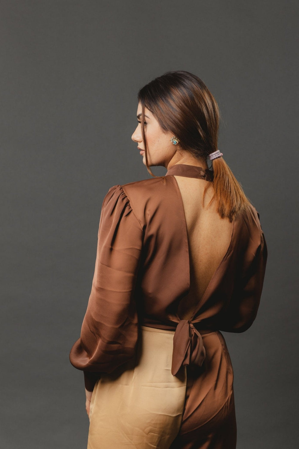 Stylish brown satin top with freestyle tie-up