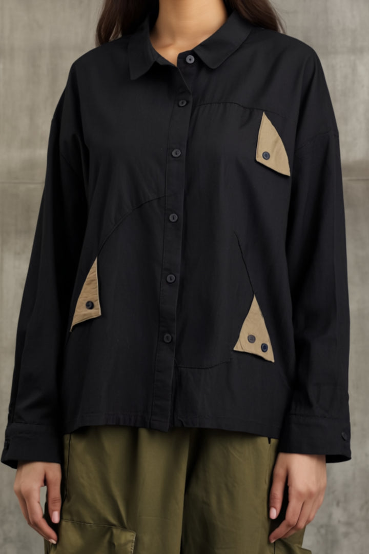 Cotton Black Shirt With Olive Flaps