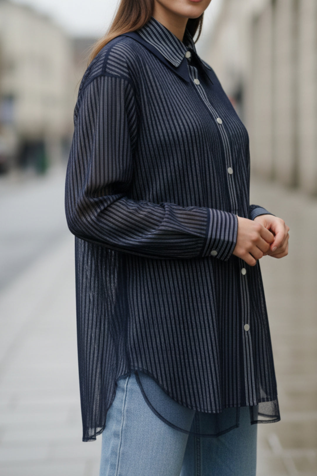 Navy Striped Sheer Hem Shirt