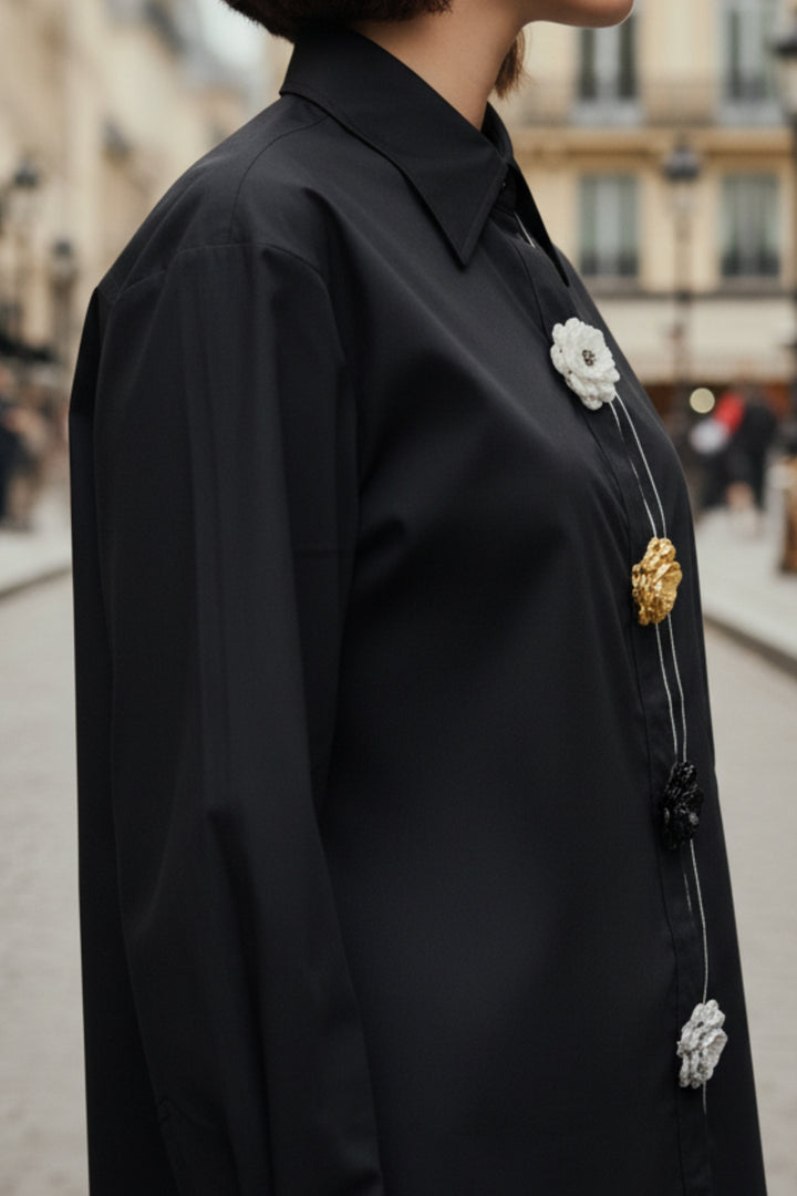 Black Luxe Flower Button Shirt