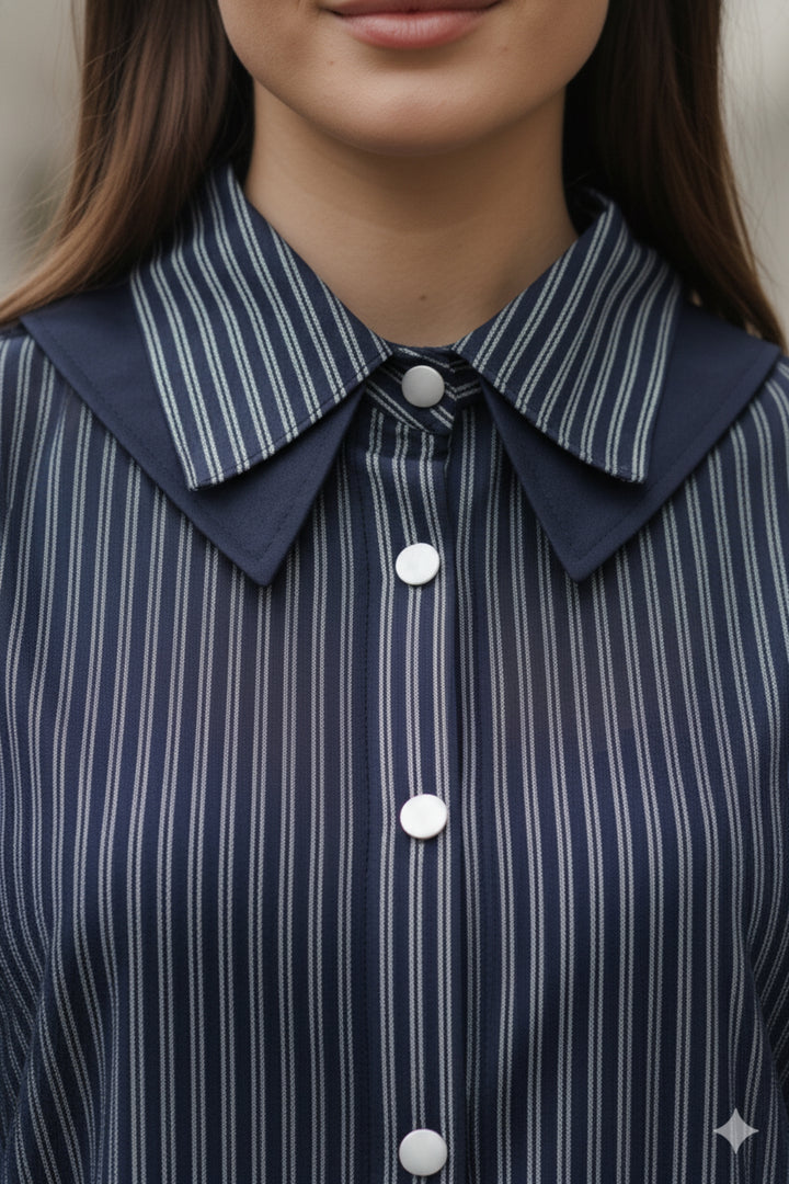 Navy Striped Sheer Hem Shirt