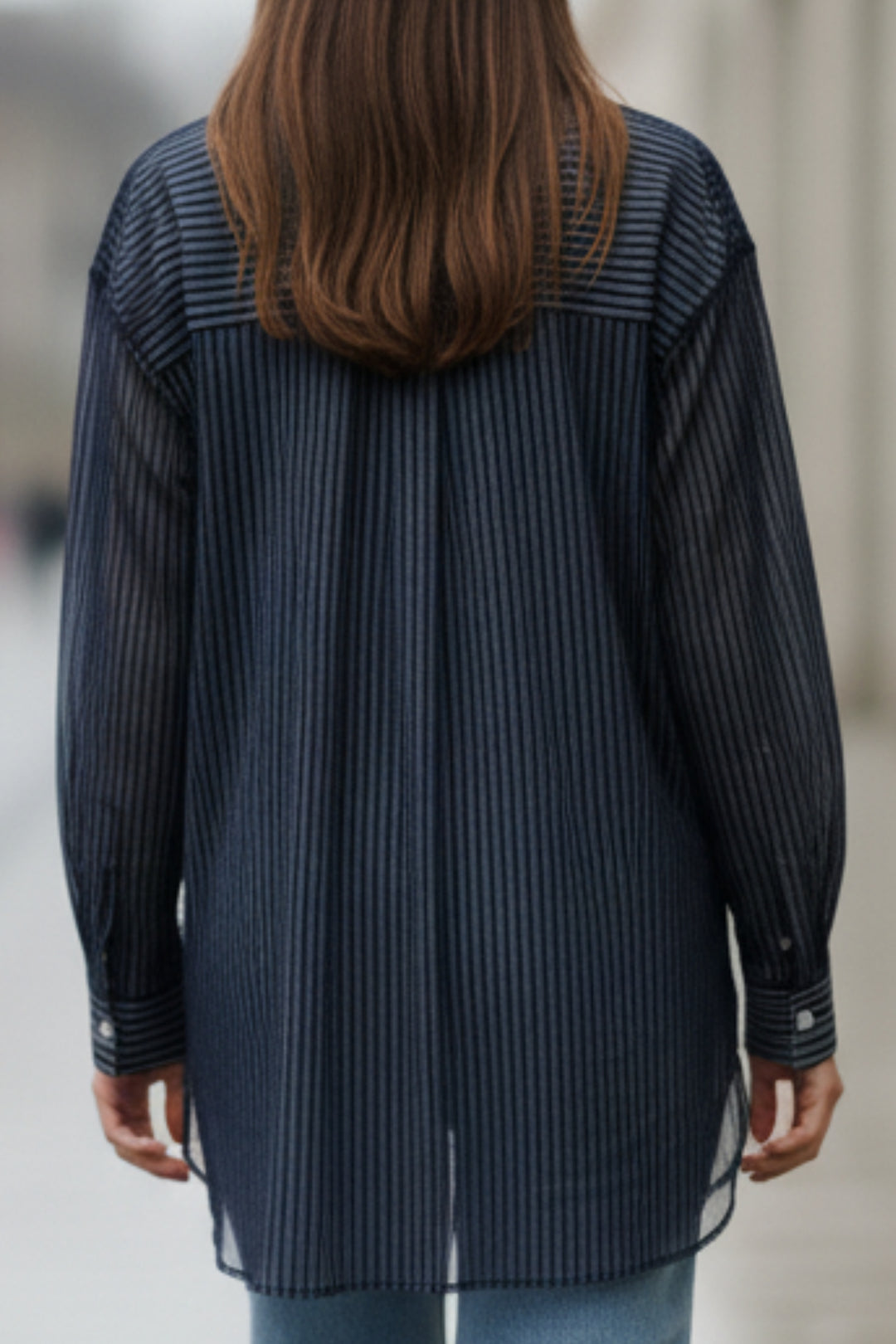 Navy Striped Sheer Hem Shirt