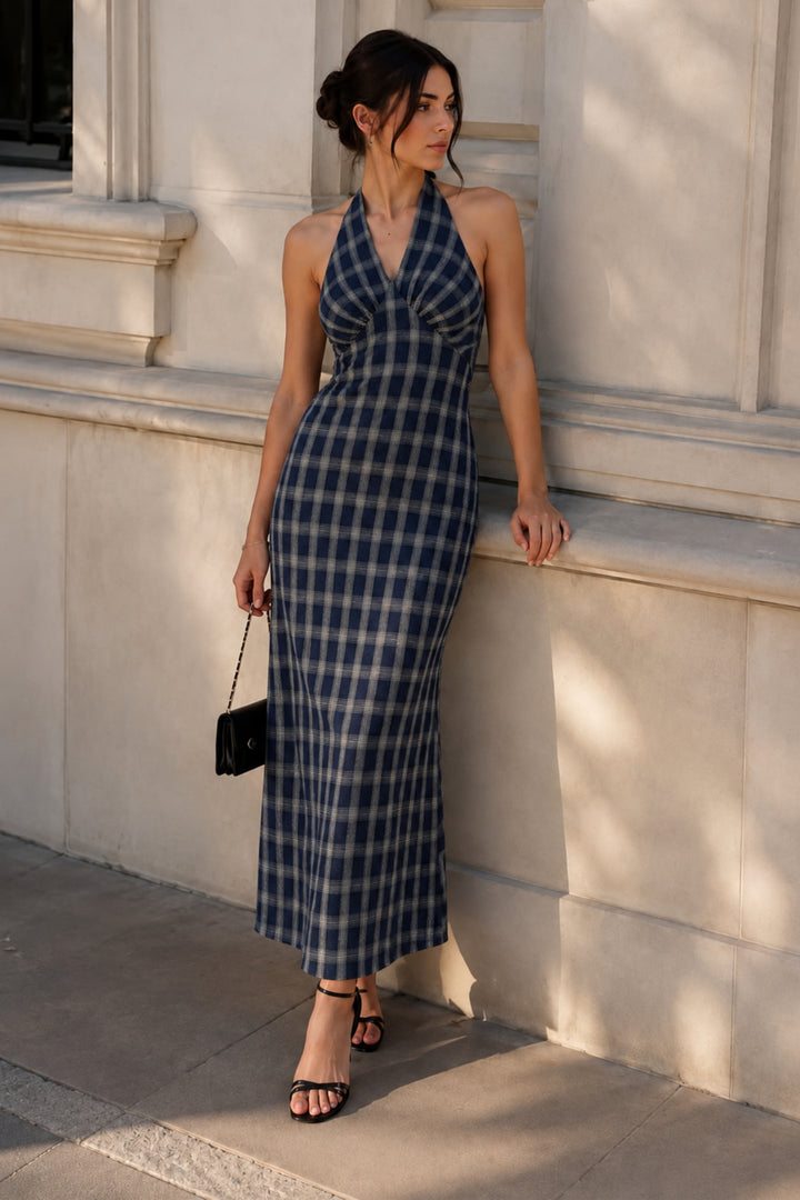Blue Plaid Tie-Back Maxi Dress
