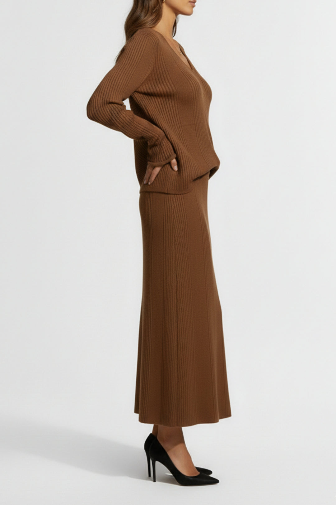 Mocha Ribbed Skirt Co-ord Set
