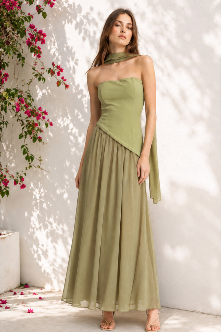 Sage Veil Strapless Dress