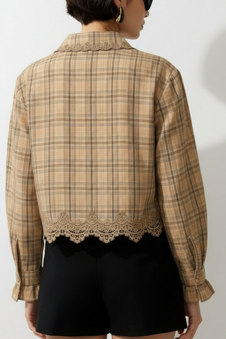 Caramel Plaid Lace Hem Ruffle Shirt