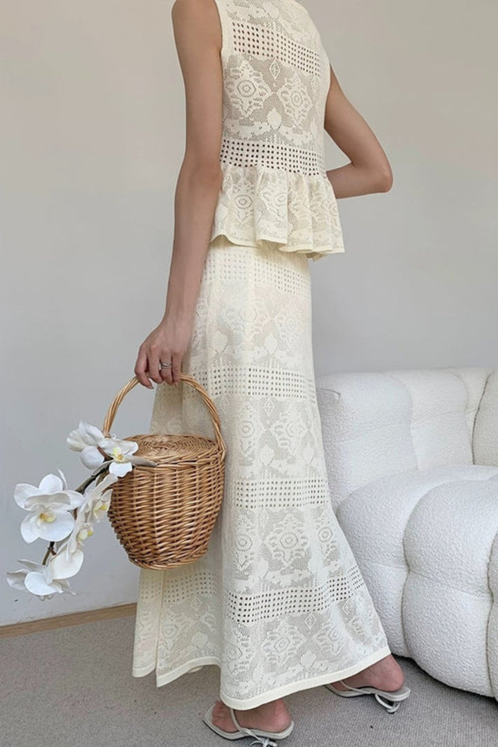 Ivory Crochet Knit Skirt Coord set