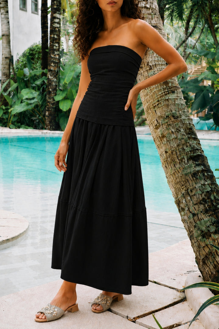 Black Bandeau Linen Top & Skirt Set