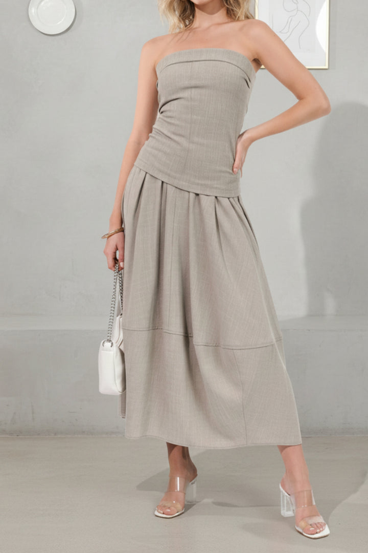 Beige Bandeau Linen Top & Skirt Set