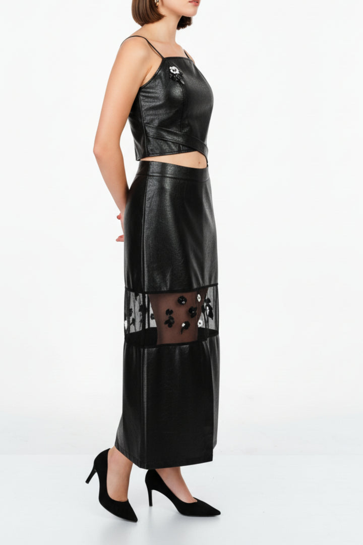 Wednesday Black Leather Skirt Co-ord Set