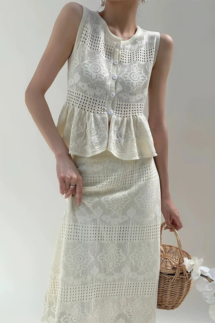 Ivory Crochet Knit Skirt Coord set