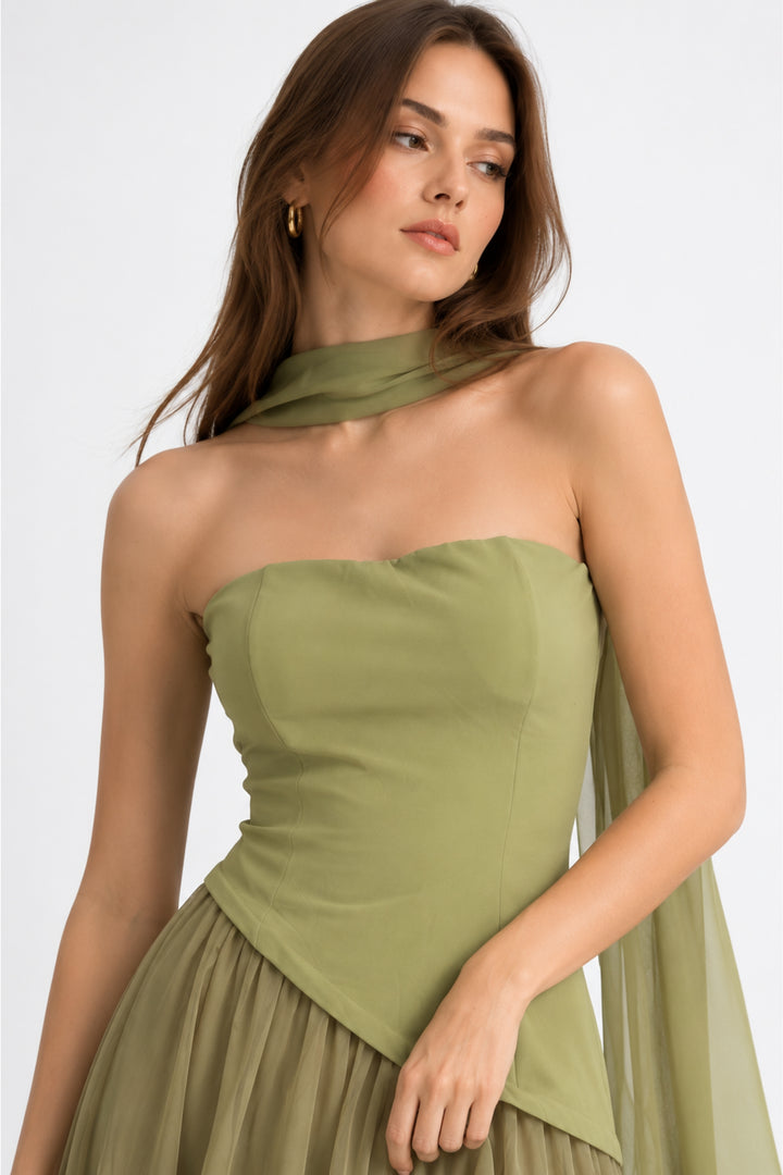 Sage Veil Strapless Dress