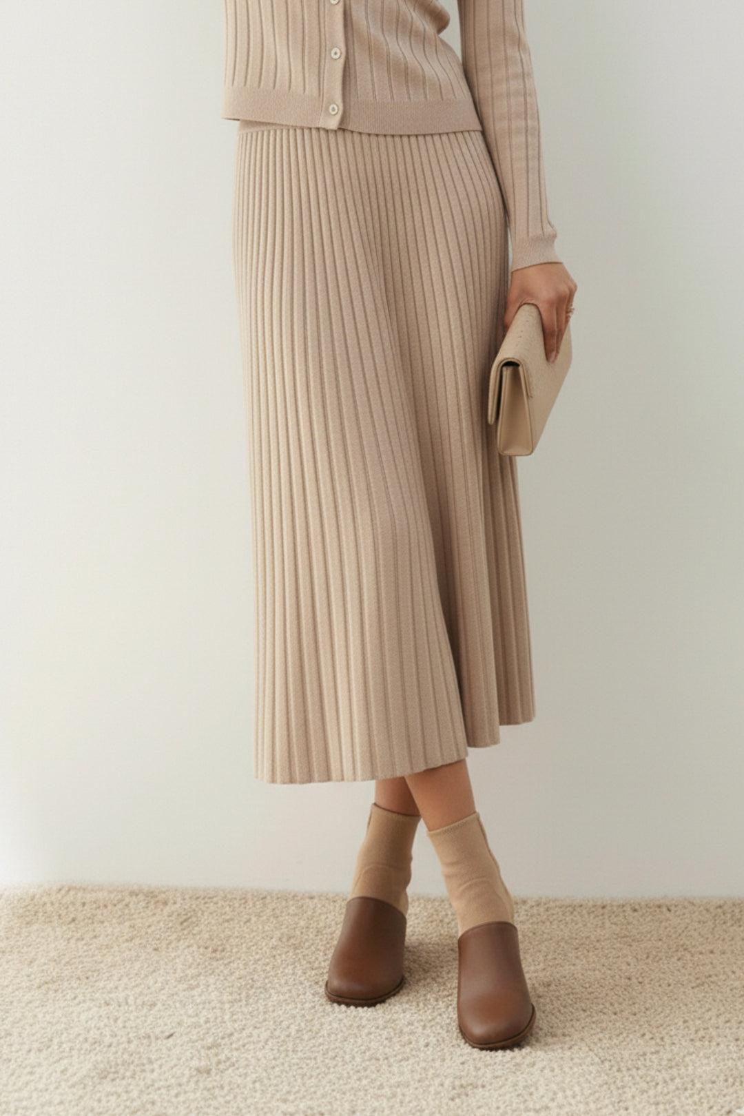 Latte Pleated Knit Skirt  Co-ord Set