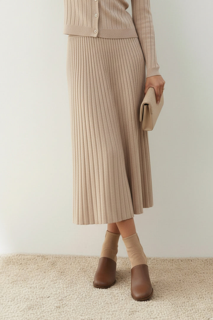 Latte Pleated Knit Skirt  Co-ord Set