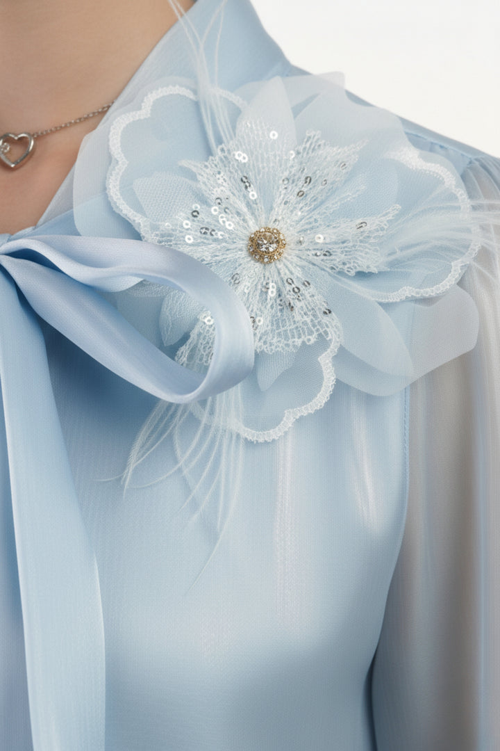 Pearl Blue Embroidered Tissue Top