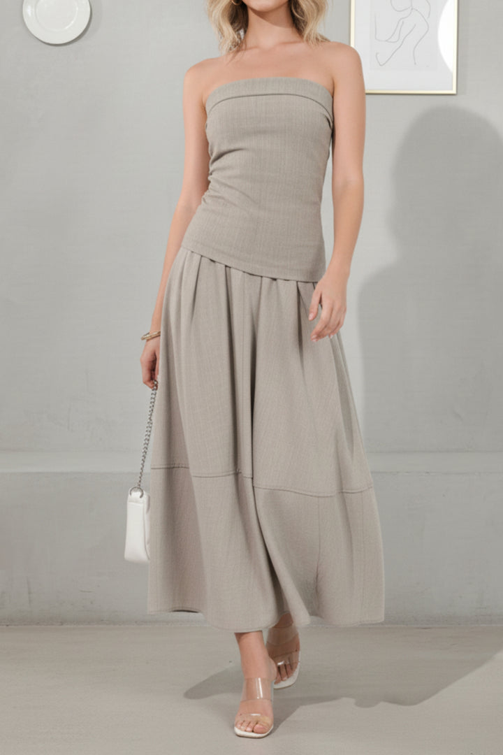 Beige Bandeau Linen Top & Skirt Set