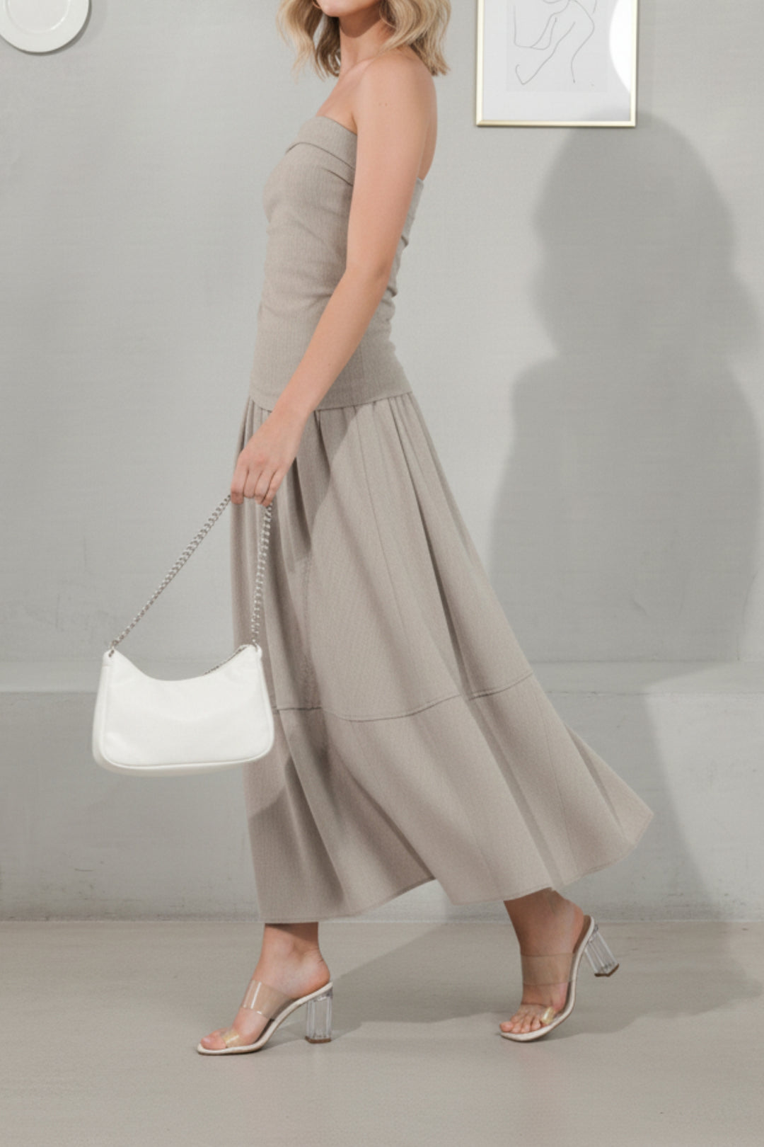 Beige Bandeau Linen Top & Skirt Set