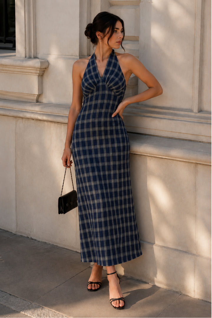 Blue Plaid Tie-Back Maxi Dress