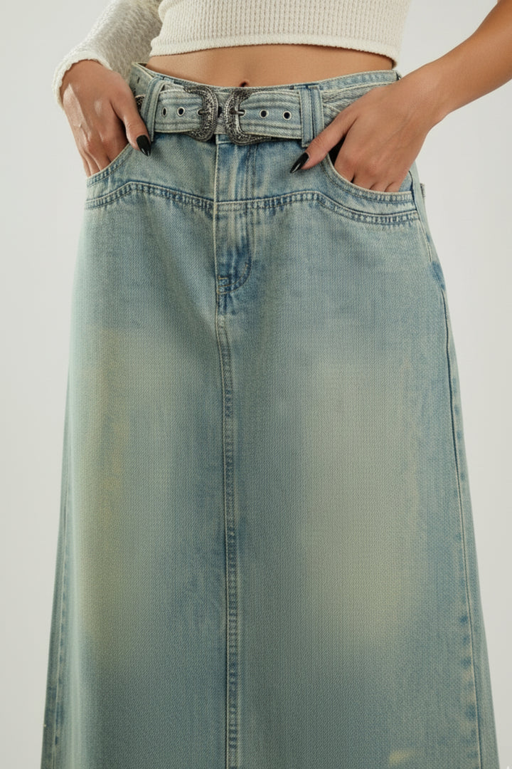 Denim Skirt With Buckle Belt