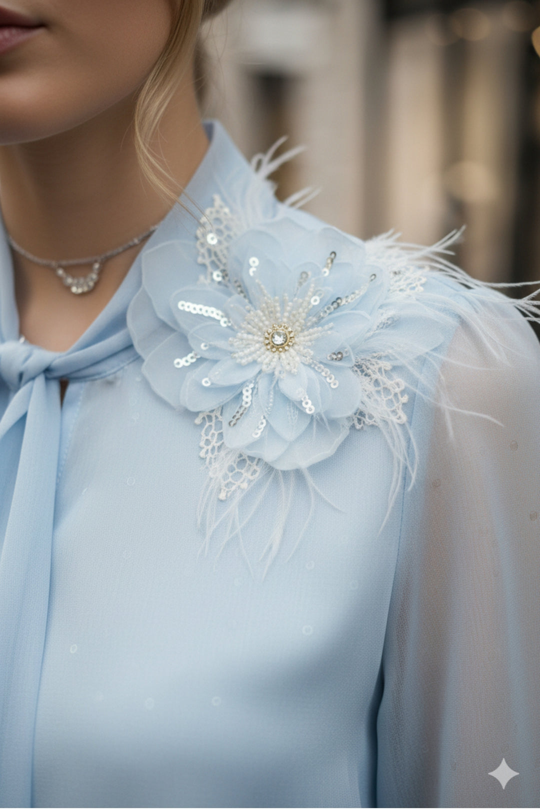 Pearl Blue Embroidered Tissue Top