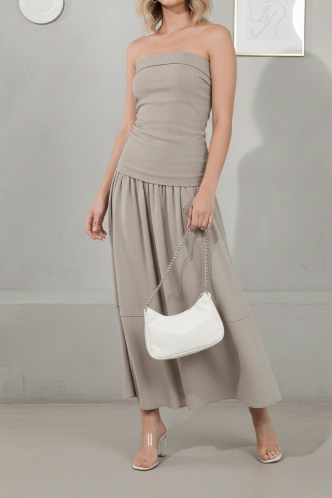 Beige Bandeau Linen Top & Skirt Set