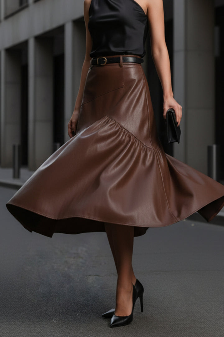 Brown Drift Pleated Leather Skirt