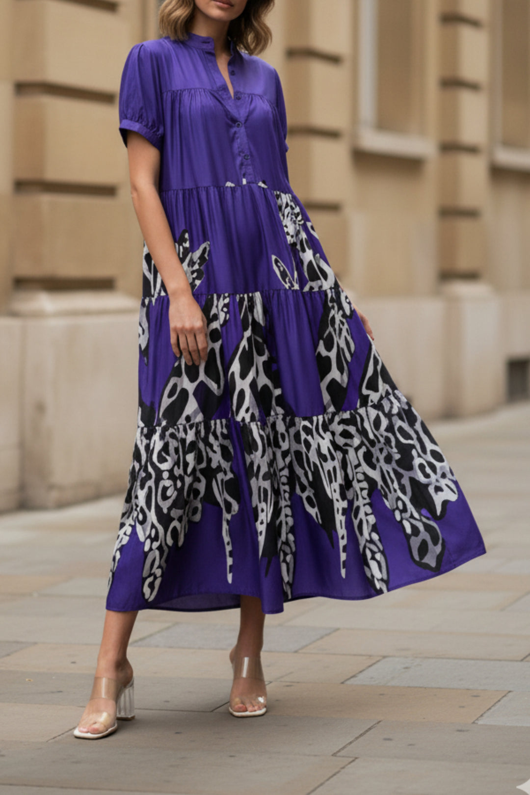 Purple Printed Tiered Dress