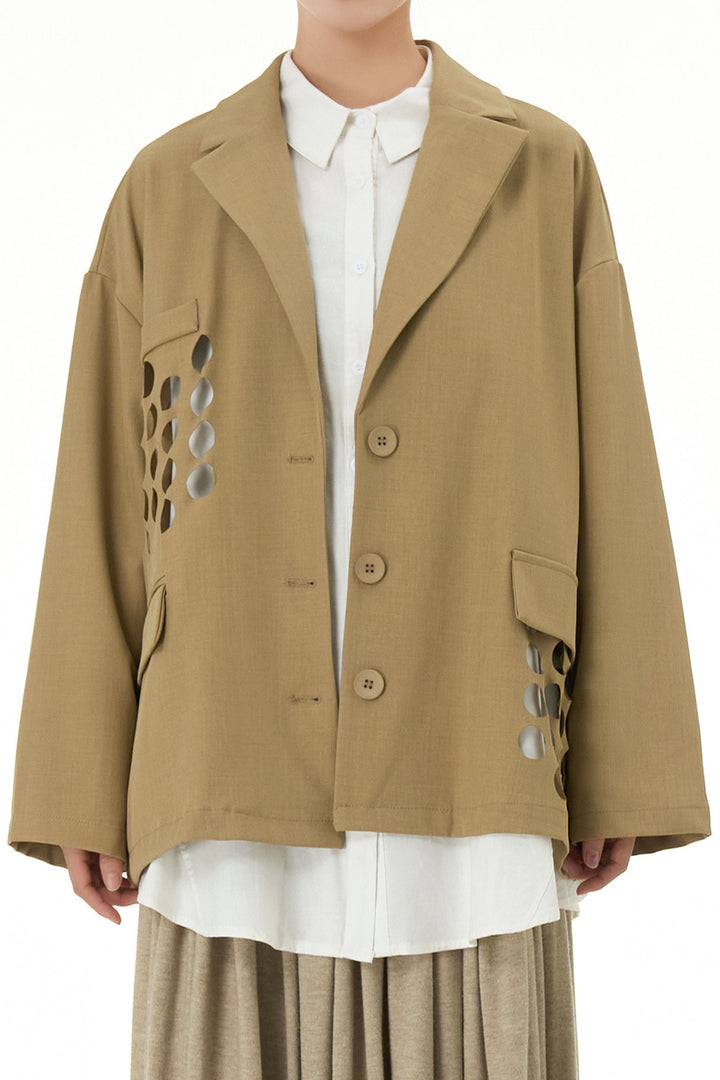 Khaki Blazer With Circle Cut Work