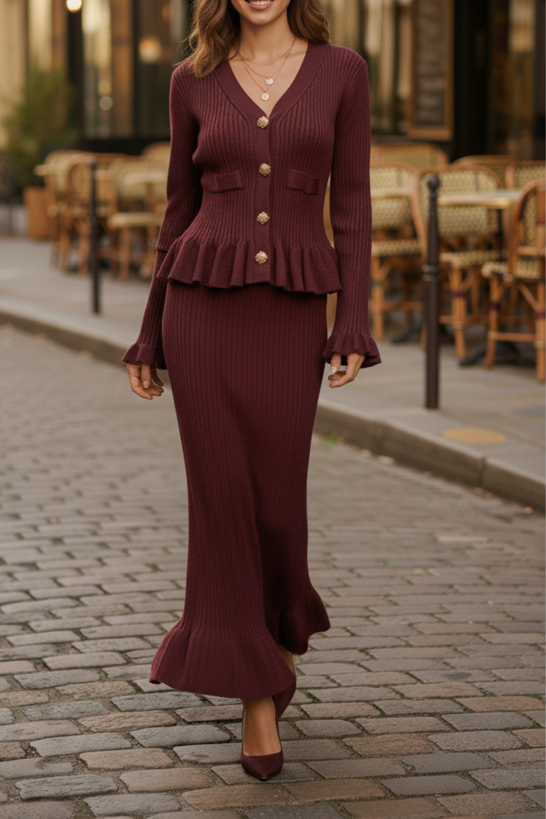 Ornate Button Peplum Knit Co-ord Set