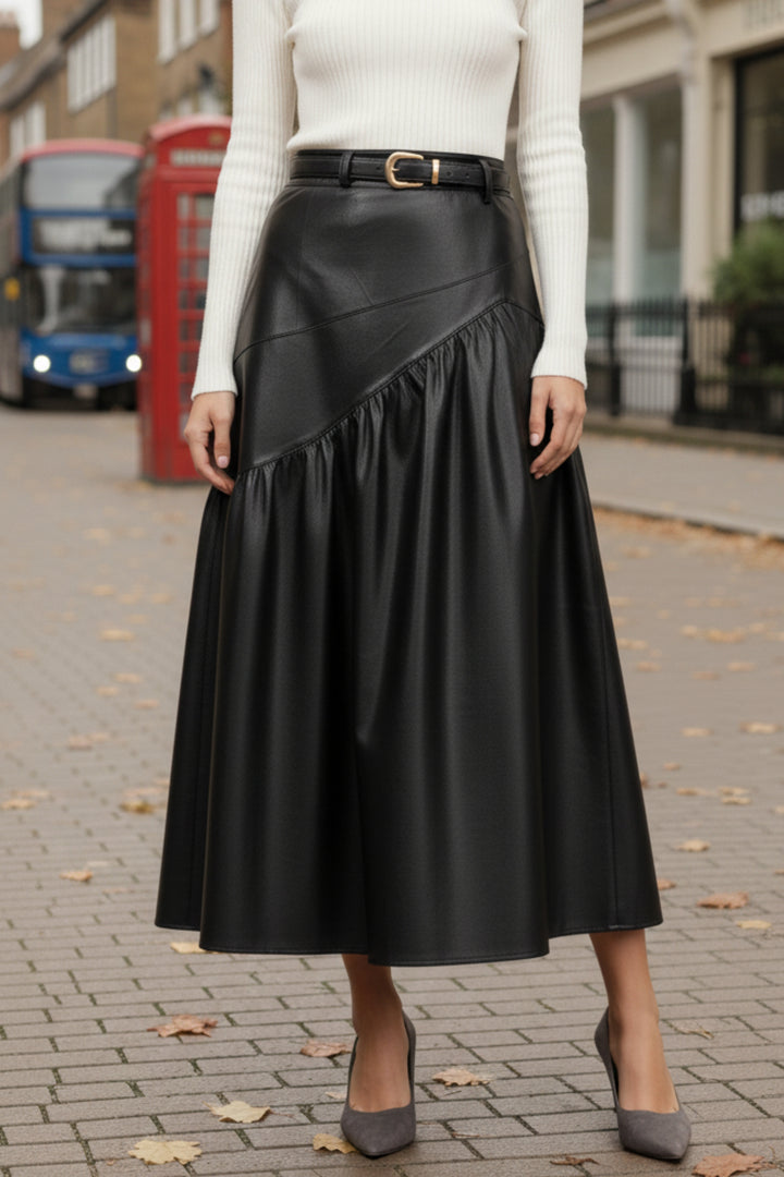 Black Drift Pleated Leather Skirt