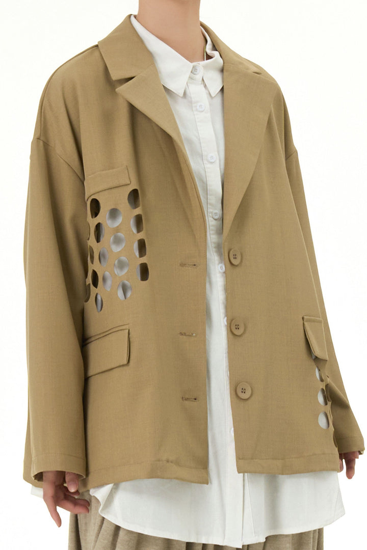 Khaki Blazer With Circle Cut Work