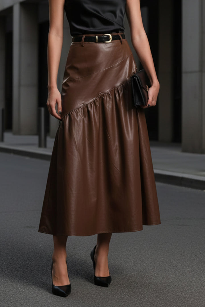 Brown Drift Pleated Leather Skirt