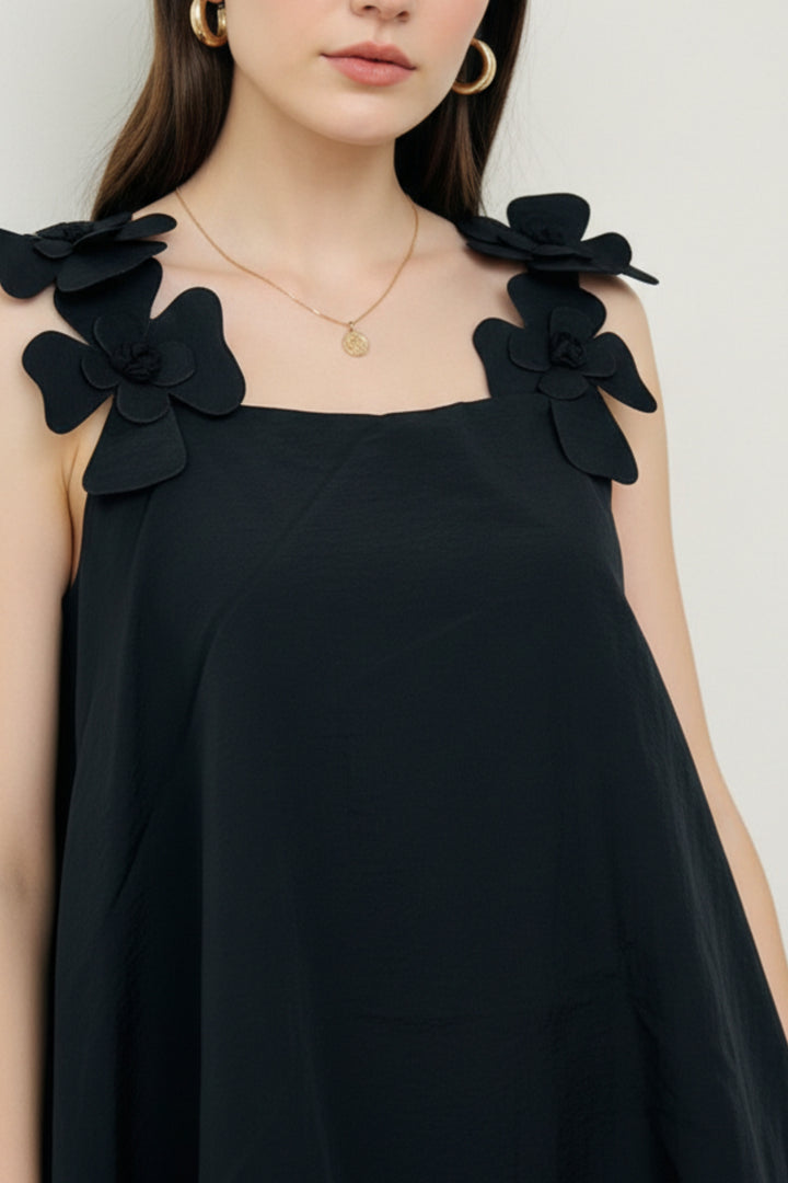 Black Floral Bubble-Hem Dress