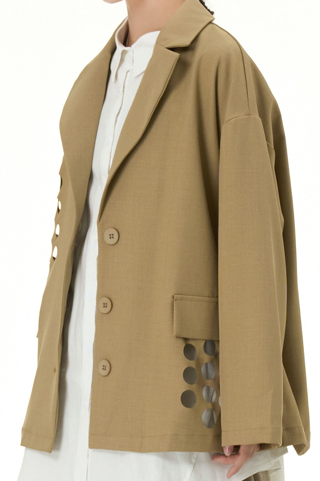 Khaki Blazer With Circle Cut Work