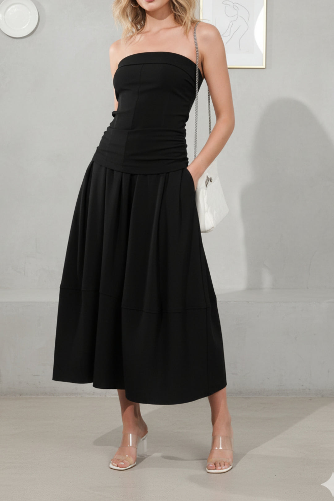 Black Bandeau Linen Top & Skirt Set