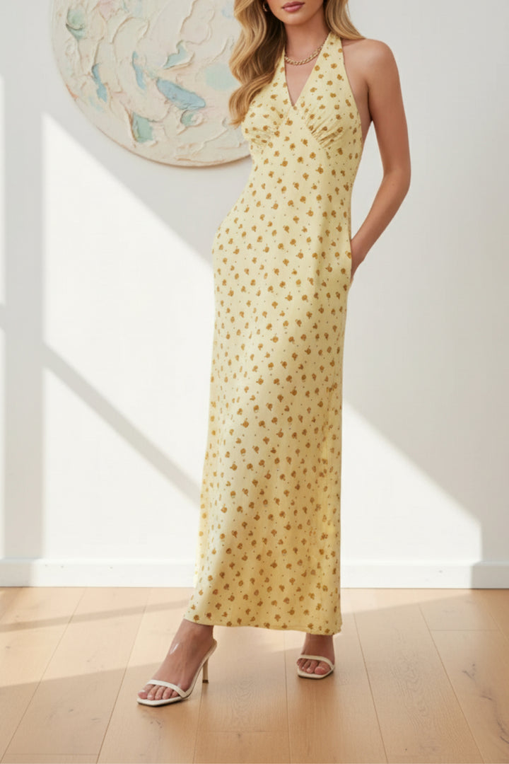 Yellow Floral Halter Neck Maxi Dress