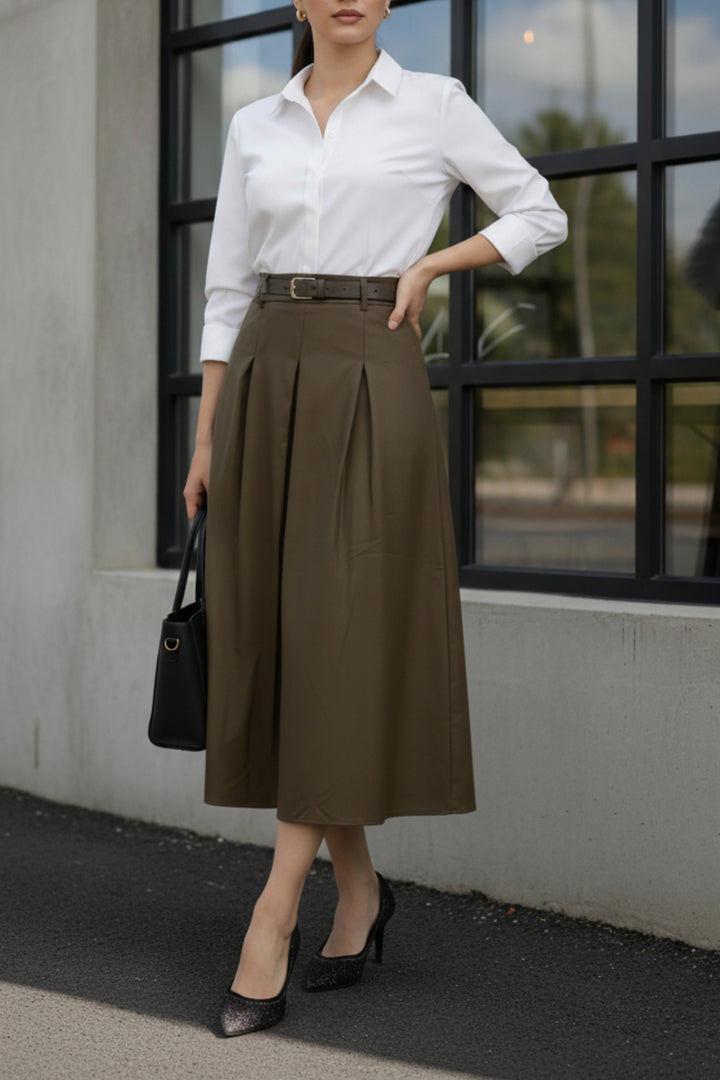 Elegance Box Pleated Faux Leather Skirt with Belt