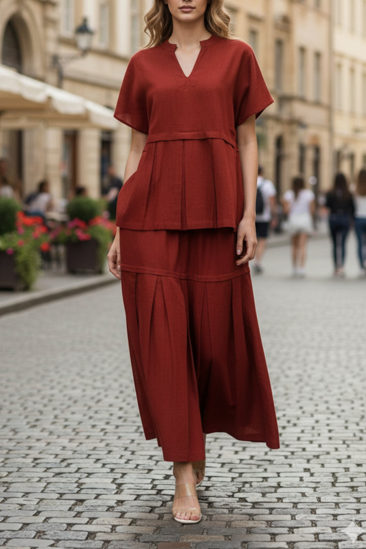 Cotton Red Bloom Box Pleat Coord Set