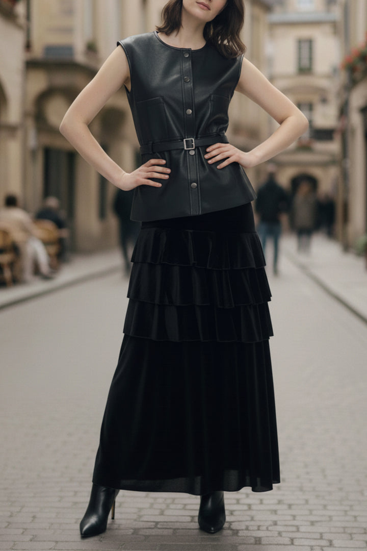 Noir Luxe Leather & Velvet Skirt Co-ord Set