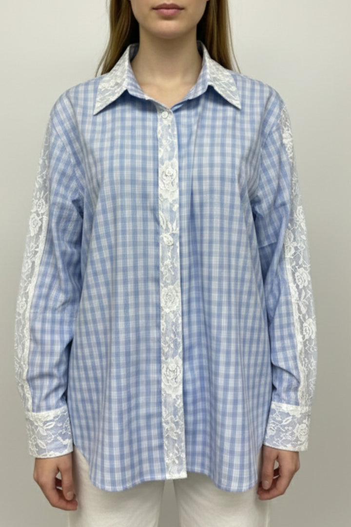 Powder Blue Check Floral Lace Shirt