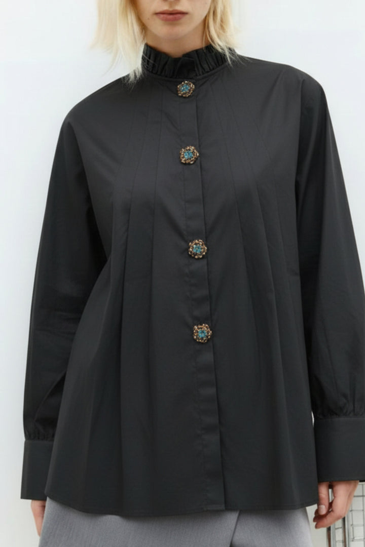Black Jewel Ruffle-Neck Shirt