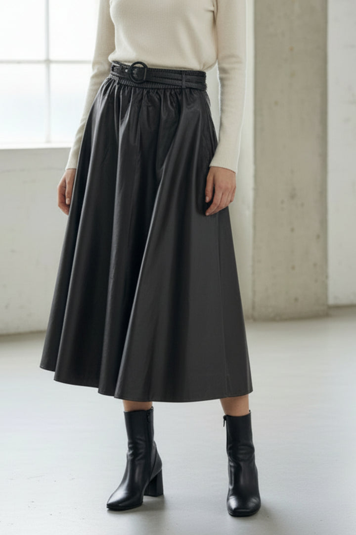 Noir Belted Faux Leather Skirt