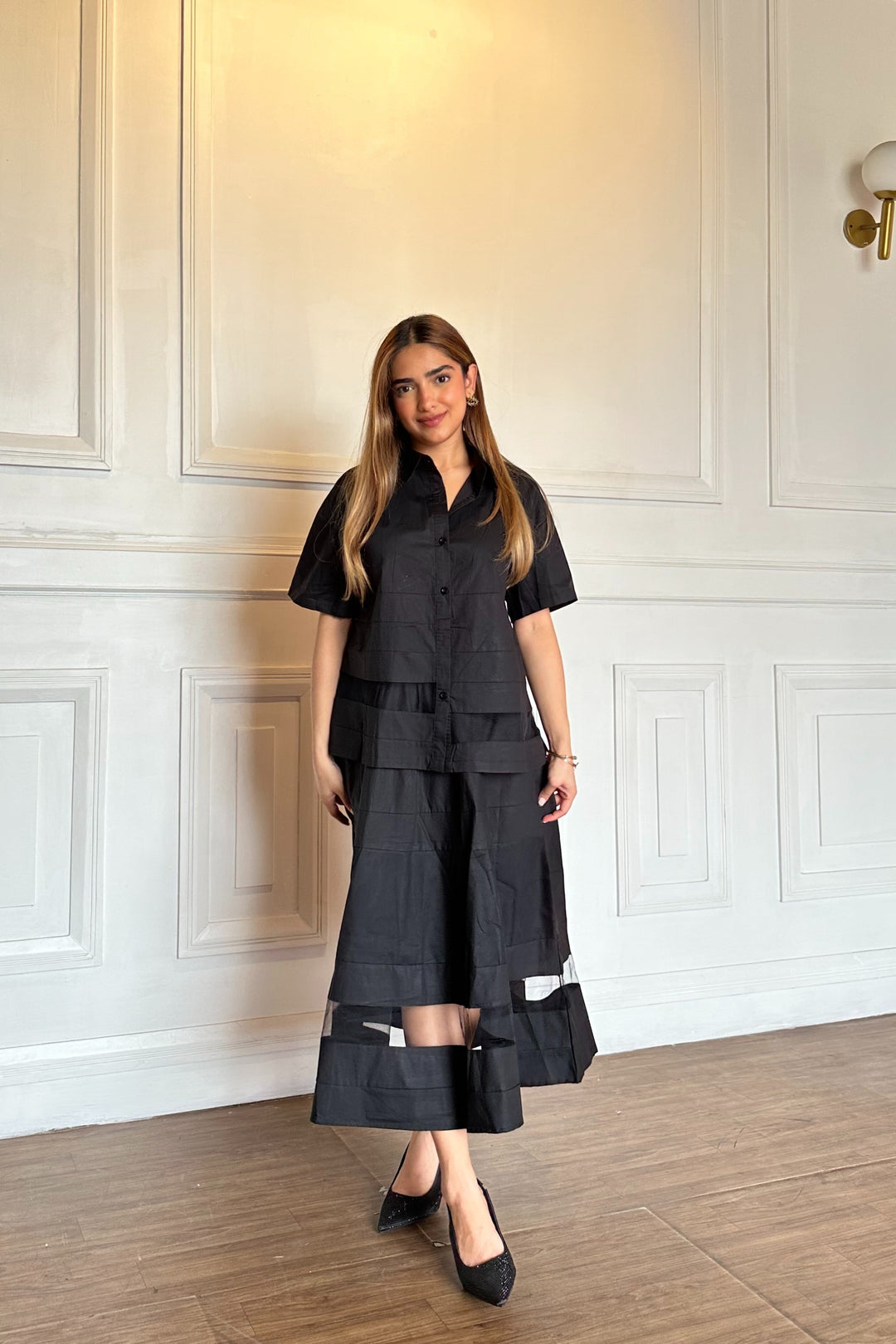 Cotton Black Shirt Skirt Coord Set