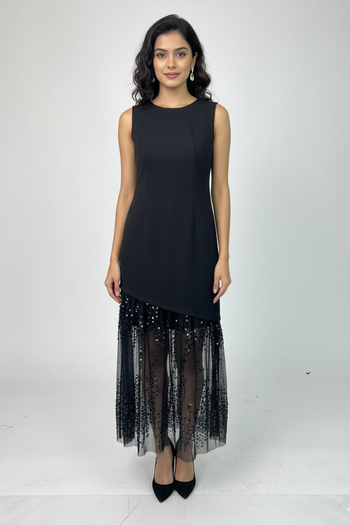 Black Lace & Sequin Midi Dress