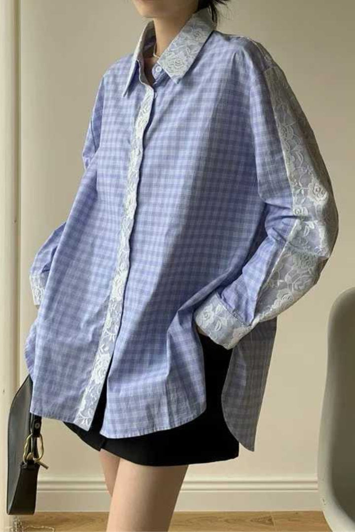 Powder Blue Check Floral Lace Shirt