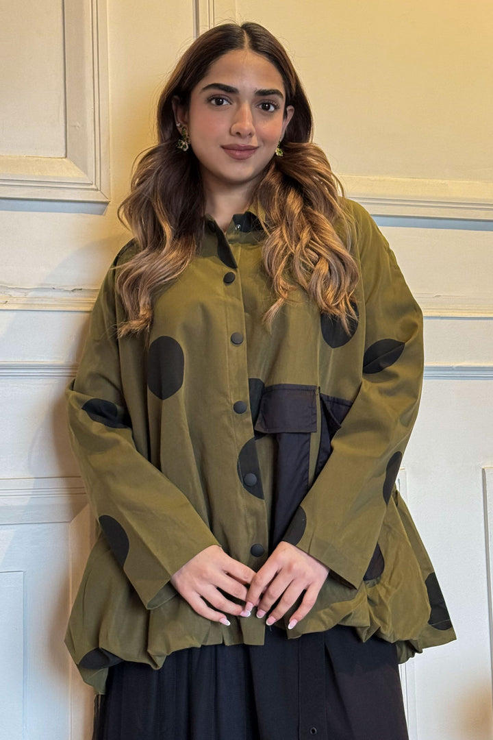 Olive Jacket With Black Polka Dot