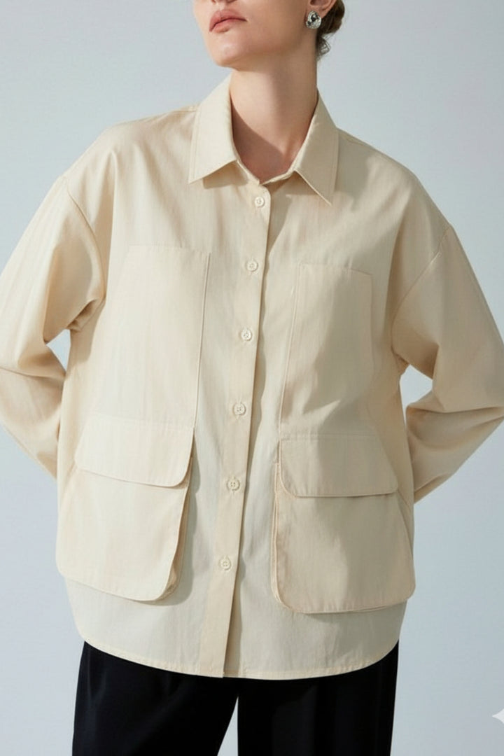 Cream Cotton Shirt With Patch Pockets