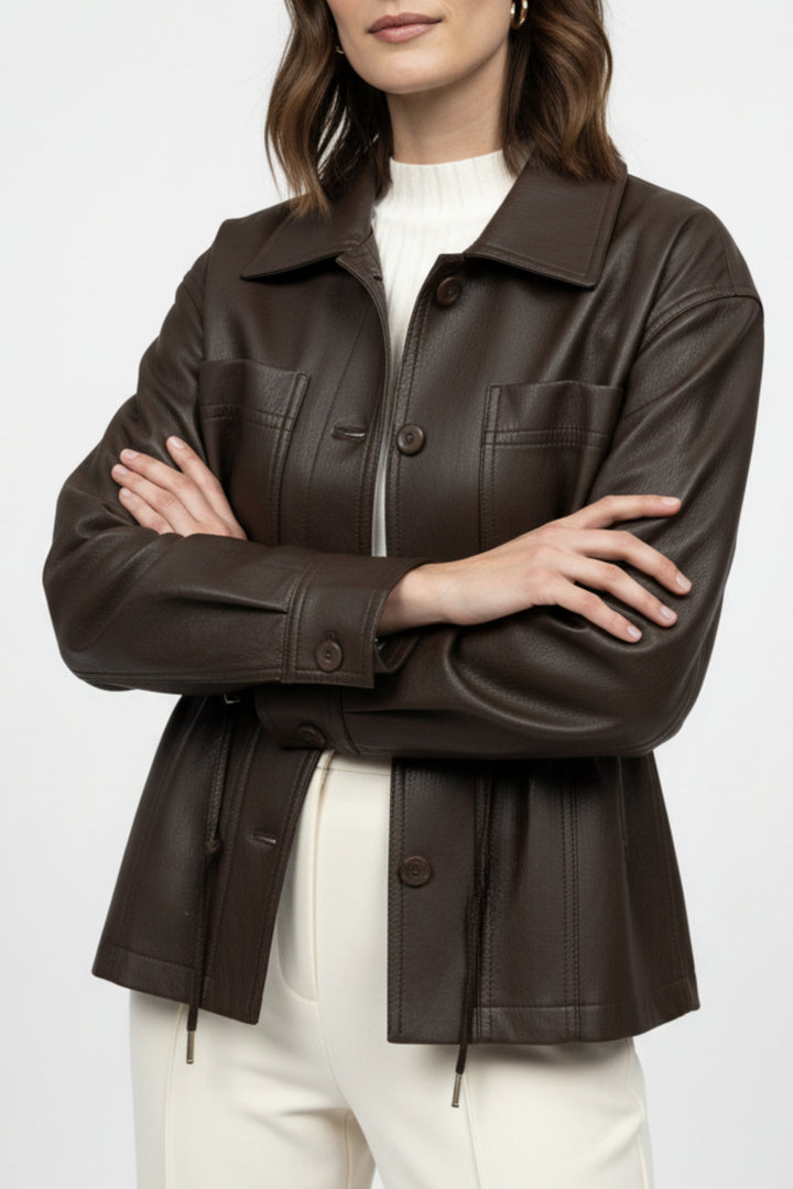 Mocha Drawstring Faux Leather Jacket