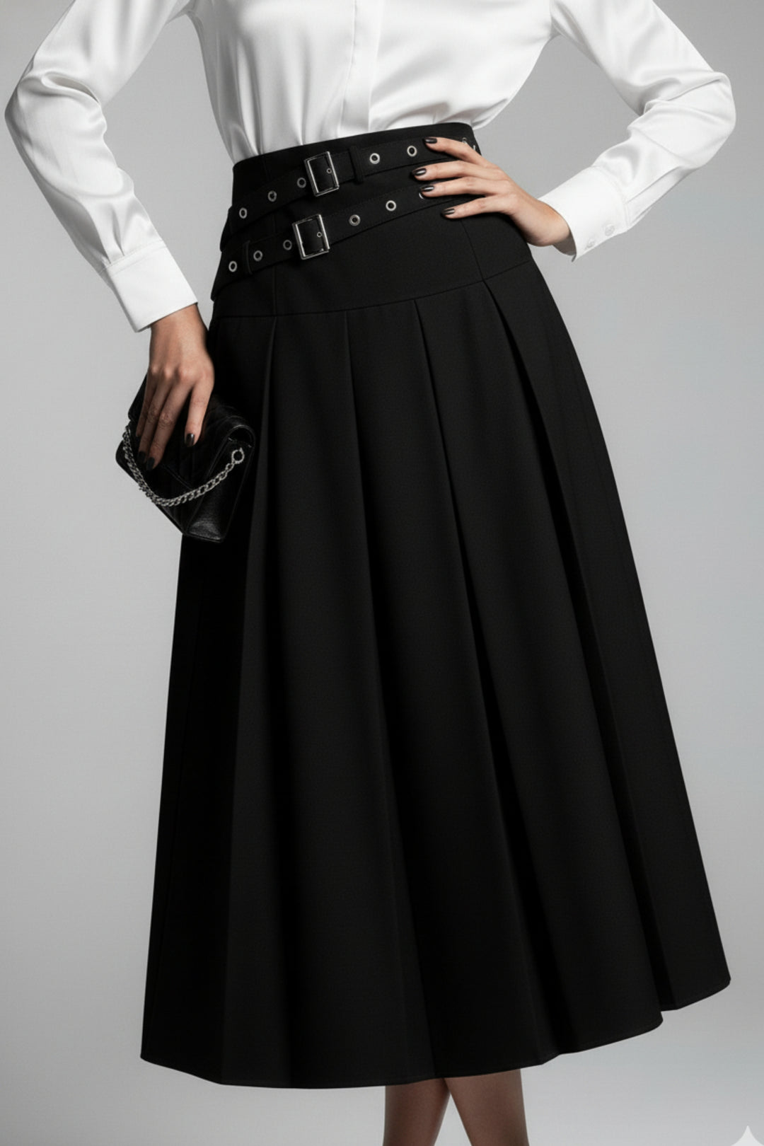 Black Dual Belt Pleat Skirt